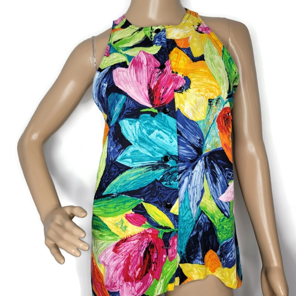 Cathy Hardwick tropical floral button up tank top